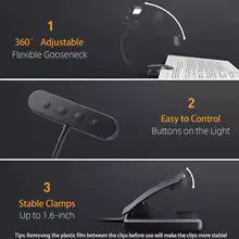 Flexible USB Rechargeable Reading Light with Adjustable Color Temperatures and Clip