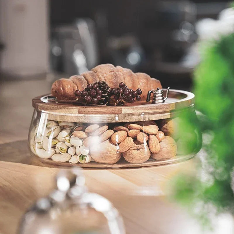 Glass and Acacia Wood Multi-Tier Serving Stand with Lid for Snacks
