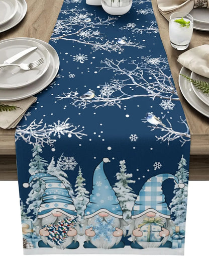 Christmas Table Runner – Luxurious Linen Runner with Snowflake and Gnome Design