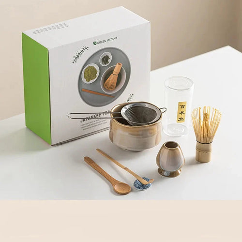 Standard Size 7-Piece Ceramic Matcha Bowl and Whisk Set for Tea Ceremony