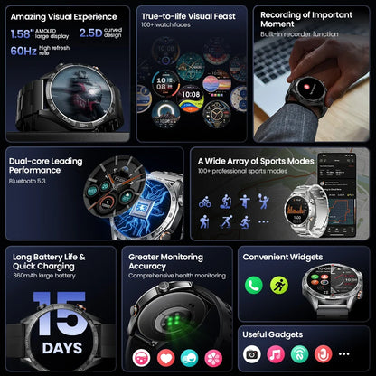 Smartwatch with 1.58" AMOLED Screen, Bluetooth Calling, 100+ Sports Modes & 24-Hour Health Tracking