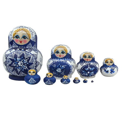 Set of 10 Wooden Russian Nesting Dolls - Matryoshka Dolls