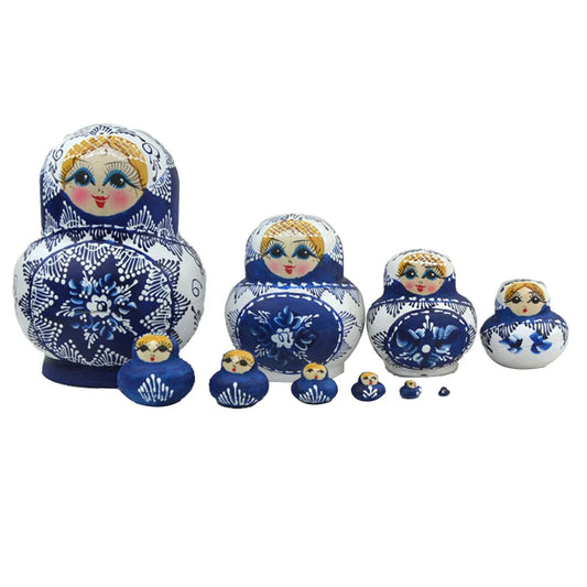 Set of 10 Wooden Russian Nesting Dolls - Matryoshka Dolls