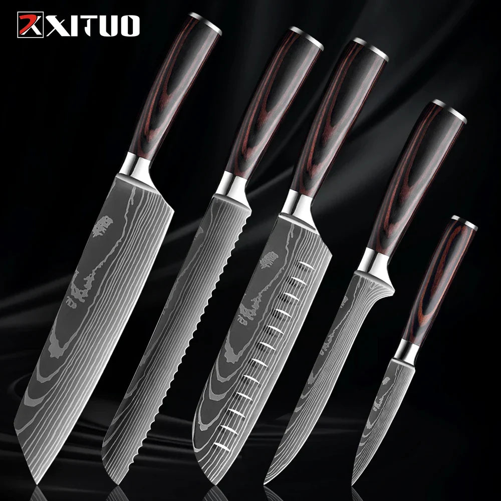 Kitchen Knife Collection - 1-9 Pieces Stainless Steel Chef, Santoku & Fruit Knives with Ergonomic Pakkawood Grip