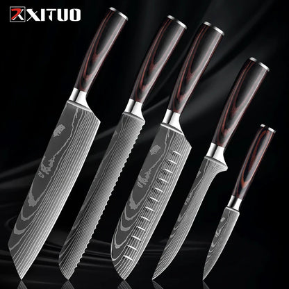 Kitchen Knife Collection - 1-9 Pieces Stainless Steel Chef, Santoku & Fruit Knives with Ergonomic Pakkawood Grip