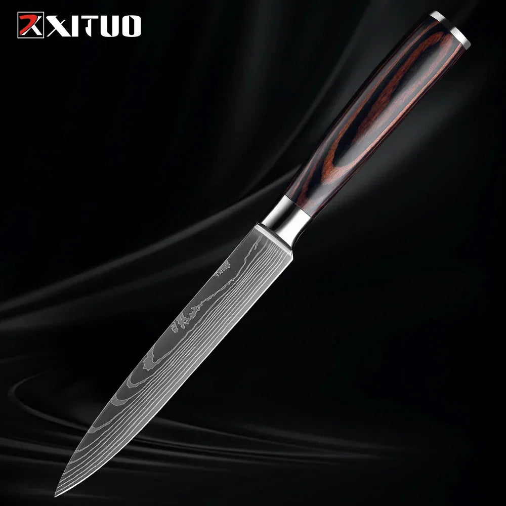 Kitchen Knife Collection - 1-9 Pieces Stainless Steel Chef, Santoku & Fruit Knives with Ergonomic Pakkawood Grip