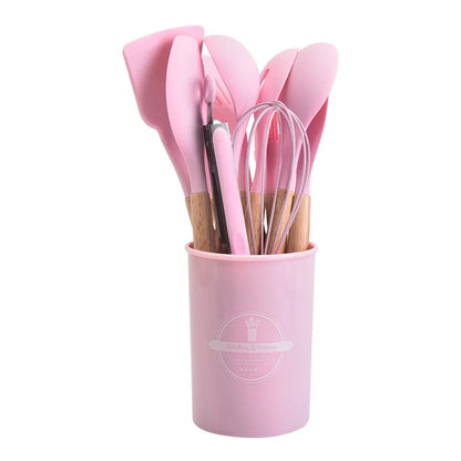 Kitchen Utensil Set - 12-Piece Silicone with Wooden Handle for Cooking, Frying & Serving