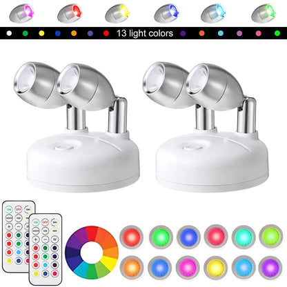 Wireless LED Spotlight Set of 2 with Remote Control – RGB Color Change & Timer, Adjustable for Photos, Cabinets & Walls
