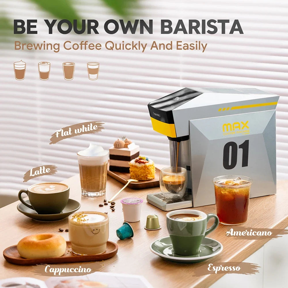 Multi-Function Coffee Maker for Nespresso, K-Cup & Dolce Gusto - 19-Bar Espresso with Hot Water Option