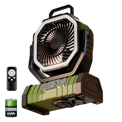 Portable 20000mAh Rechargeable Fan with LED Light & Hook for Outdoor Use