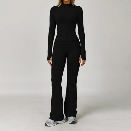 Women's Long Sleeve Sports Bra and Leggings Workout Set - Seamless Yoga Outfit with Breathable Stretch Material