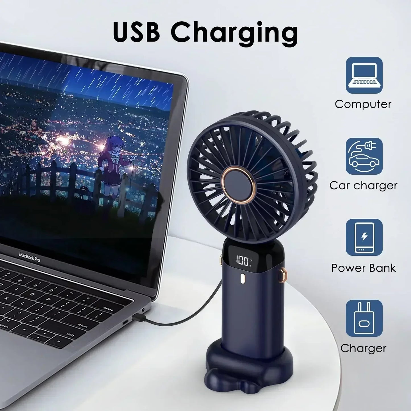 Portable Mini Fan 5000mAh – Wireless USB Rechargeable with Digital Screen and Phone Holder, 5-Speed Neck Hanging Design