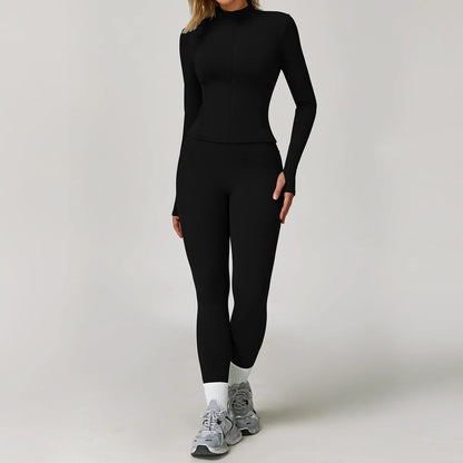 Women's Long Sleeve Sports Bra and Leggings Workout Set - Seamless Yoga Outfit with Breathable Stretch Material