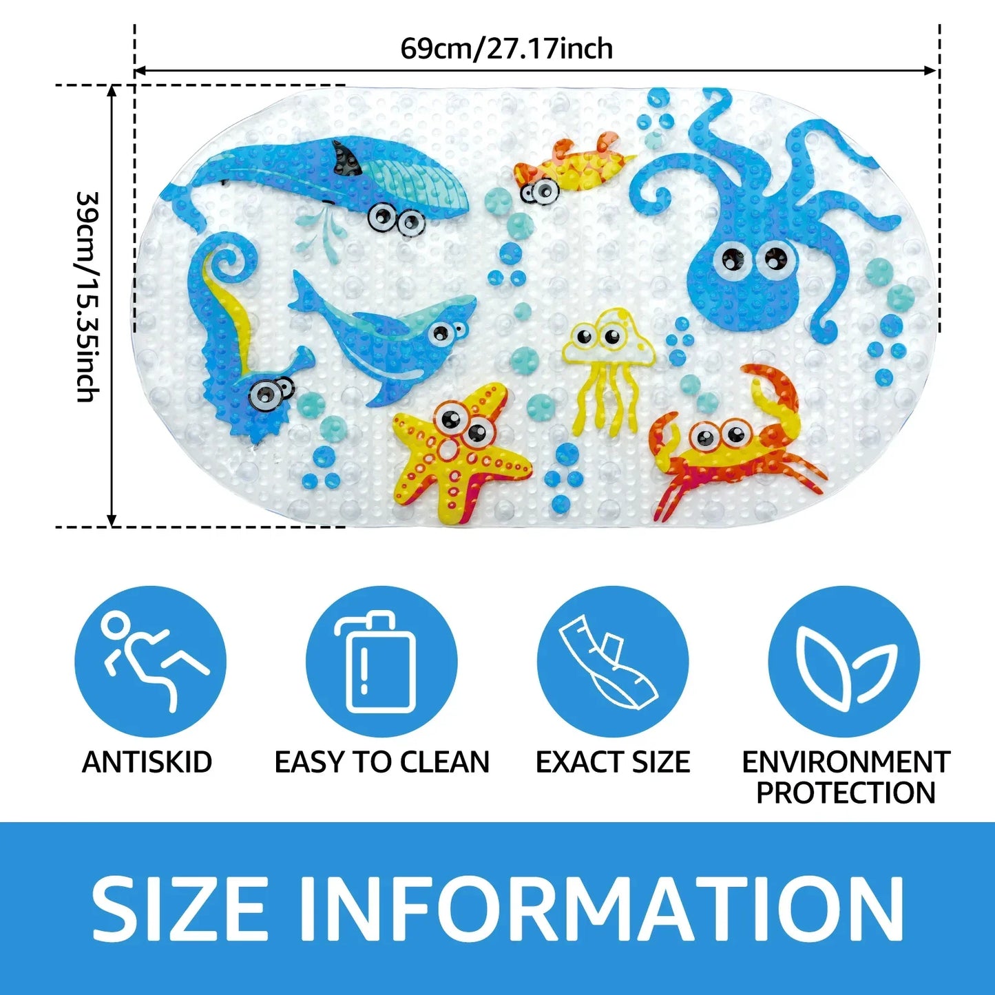 Non-Slip Kids Bath Mat | PVC Suction Cups | 27x15 in Cartoon Design