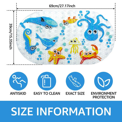 Non-Slip Kids Bath Mat | PVC Suction Cups | 27x15 in Cartoon Design