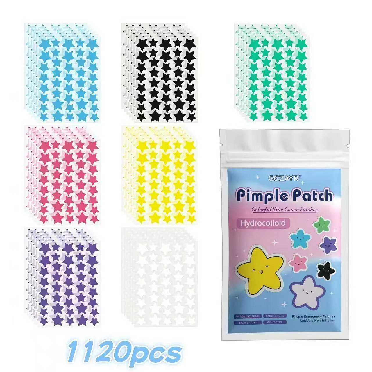 Seven-Color Star Pimple Patches (280/1120/1680pcs) – Fun, Invisible Hydrocolloid Dots for Gentle Skincare