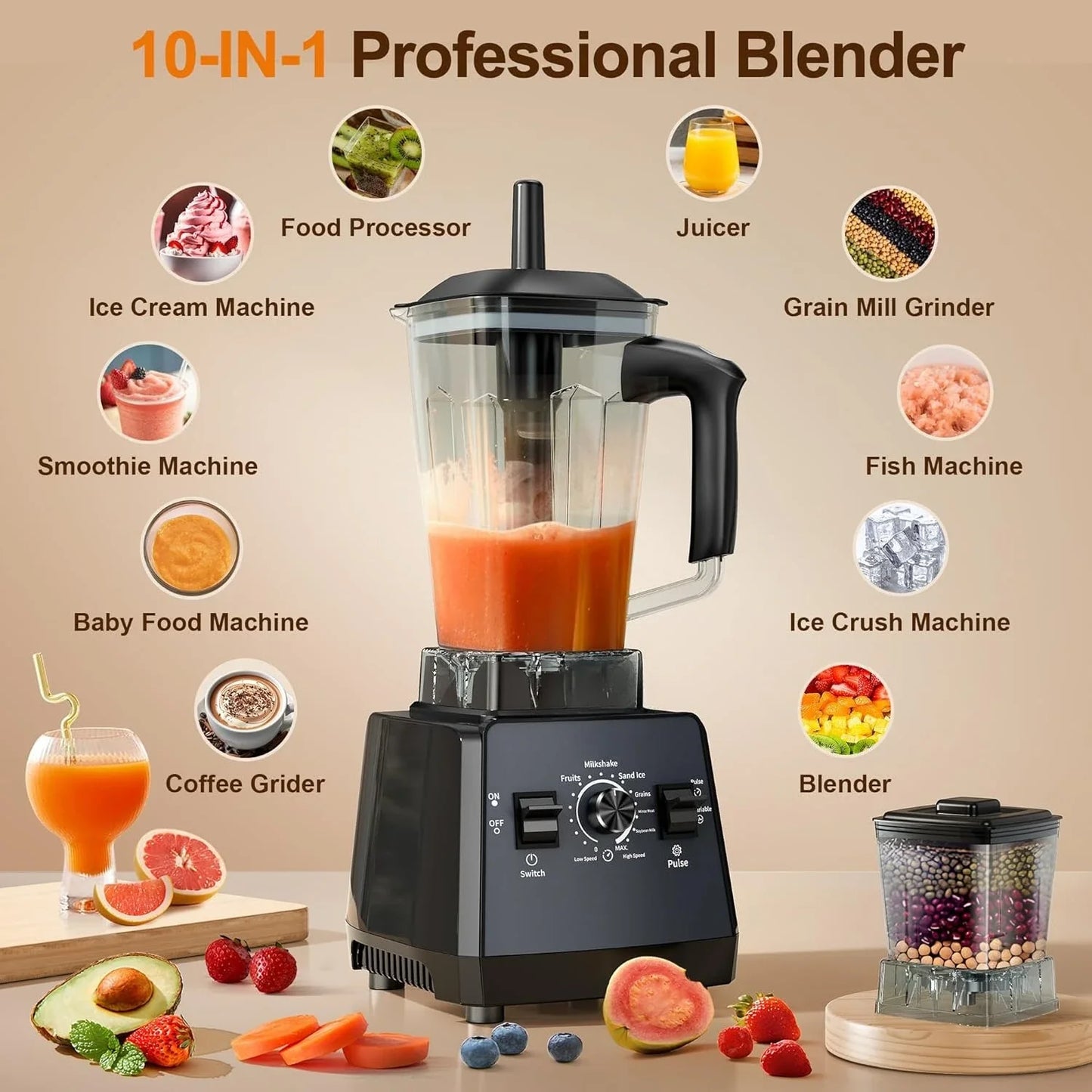 2400W Kitchen Blender | 25,000 RPM, 68oz Pitcher, Grinder, 6 Functions