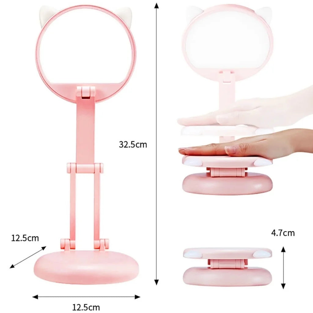Portable Pink Cat Ear Desk Lamp - Foldable Eye-Caring Night Light for Study