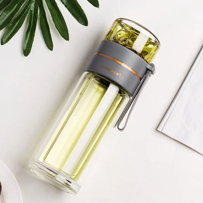 Double-Wall Borosilicate Tea Infuser Bottle 13.5 oz with Stainless Steel Filter