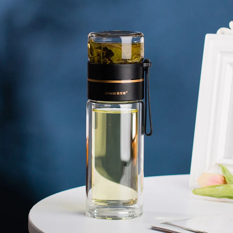 Double-Wall Borosilicate Tea Infuser Bottle 13.5 oz with Stainless Steel Filter