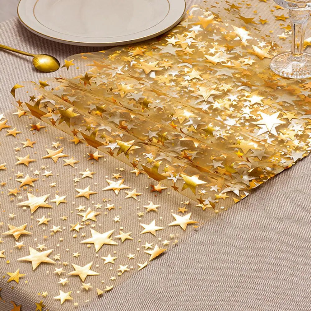 Shiny Table Runner with Metallic Star Pattern in Gold, Rose Gold, or Silver - Ideal for Parties & Table Decor