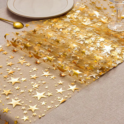 Shiny Table Runner with Metallic Star Pattern in Gold, Rose Gold, or Silver - Ideal for Parties & Table Decor