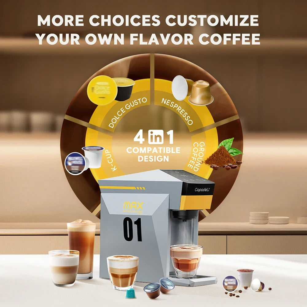 Multi-Function Coffee Maker for Nespresso, K-Cup & Dolce Gusto - 19-Bar Espresso with Hot Water Option