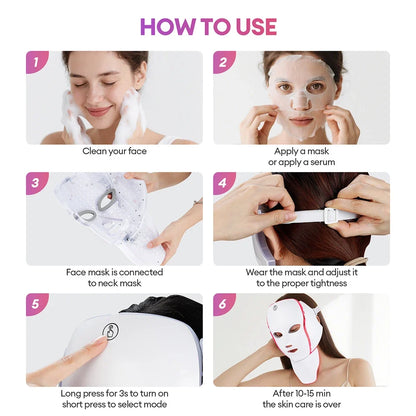 7-Color Light Therapy Face Mask with Neck Support for Acne, Wrinkles, Pores