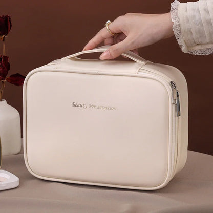Large Waterproof Cosmetic Bag - Flexible Organizer in Rose/Black PU Leather