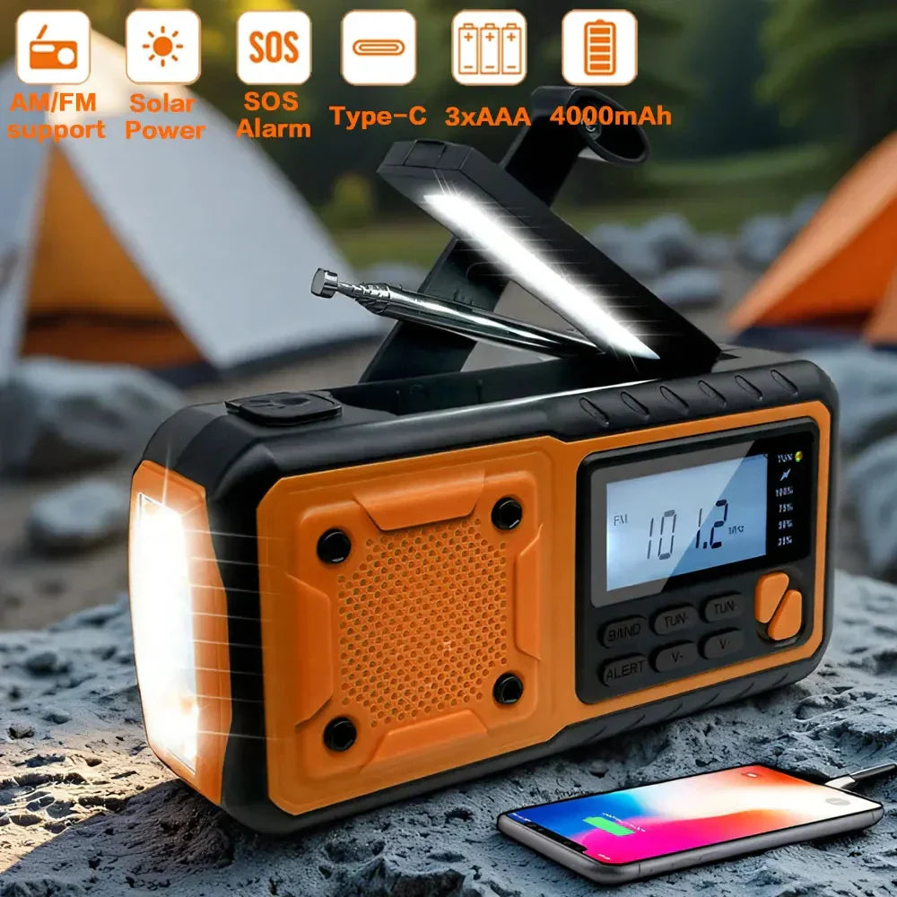 4-in-1 Emergency Solar Radio with SOS Alarm, LED Light & Power Bank – USB, Hand Crank & Solar Charging