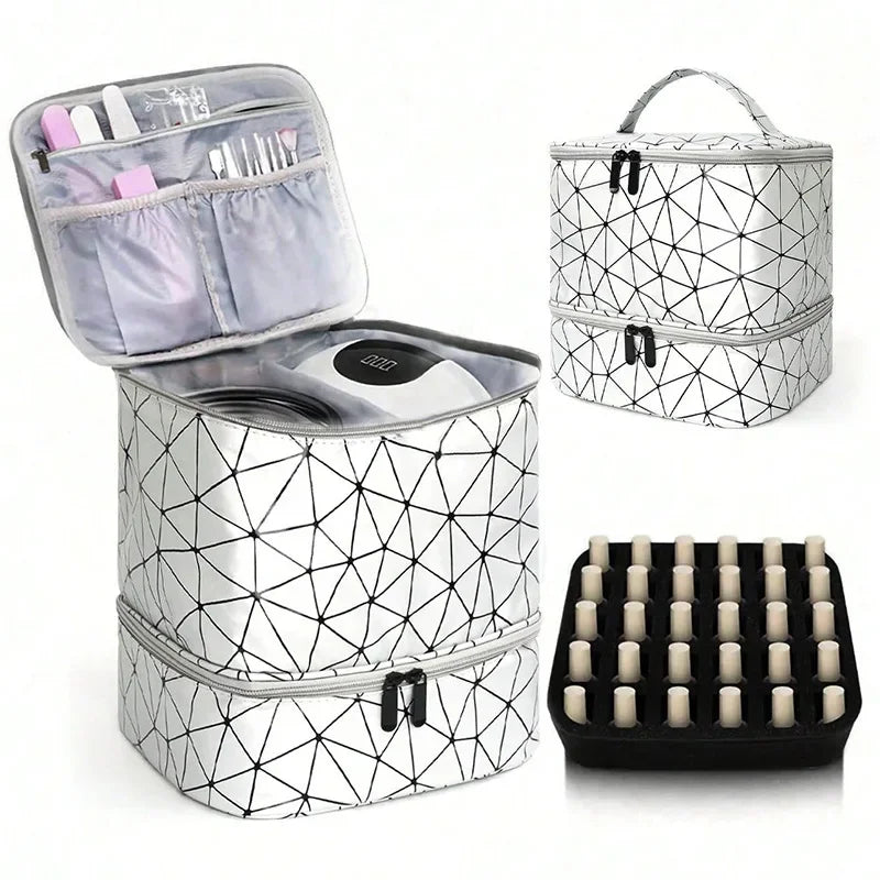 Portable Cosmetic Bag for Women | Double-Tier Nail Polish Holder | Travel Case