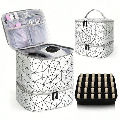 Portable Cosmetic Bag for Women | Double-Tier Nail Polish Holder | Travel Case