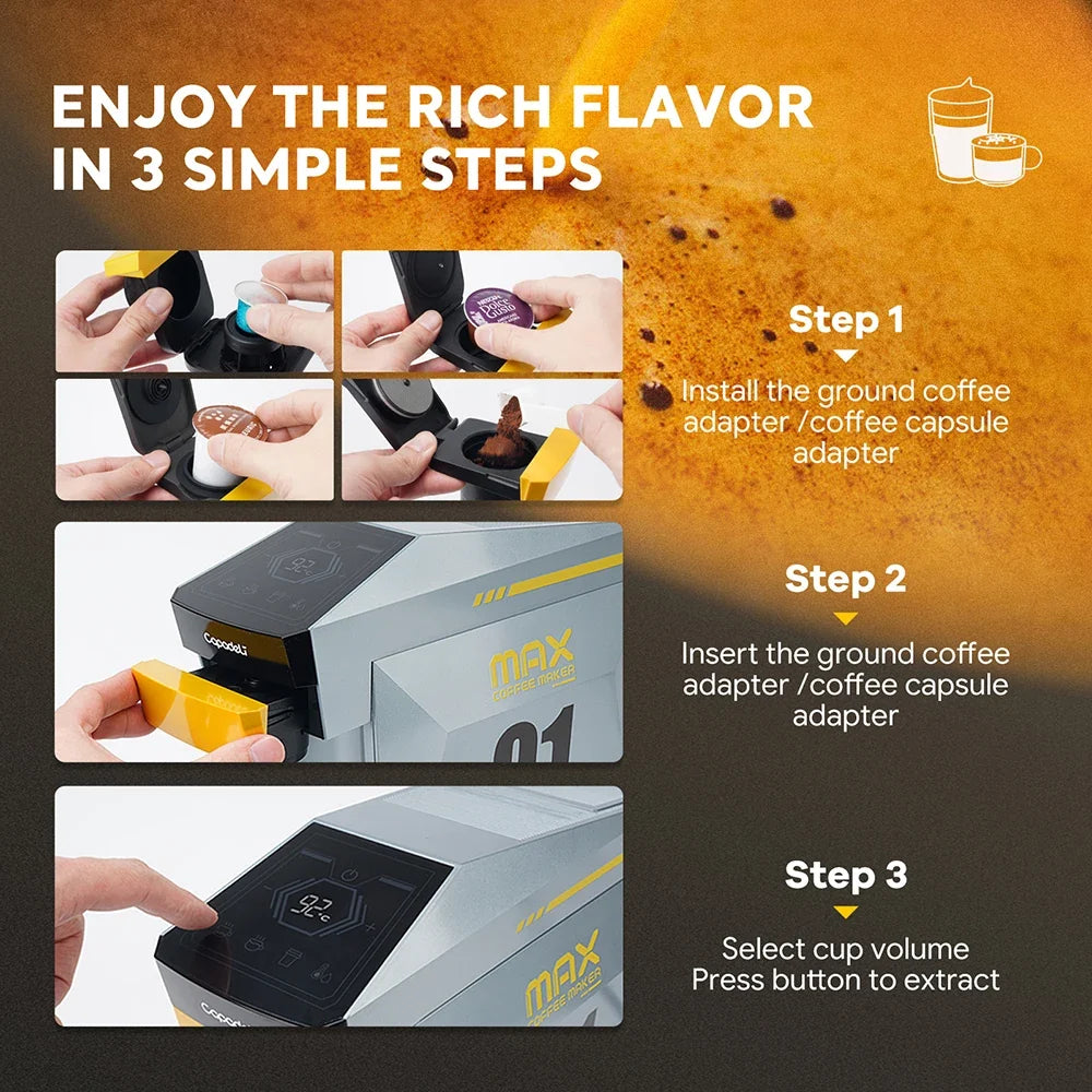 Multi-Function Coffee Maker for Nespresso, K-Cup & Dolce Gusto - 19-Bar Espresso with Hot Water Option