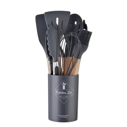Silicone Cooking Utensils Set - 12 Pieces with Wooden Handles
