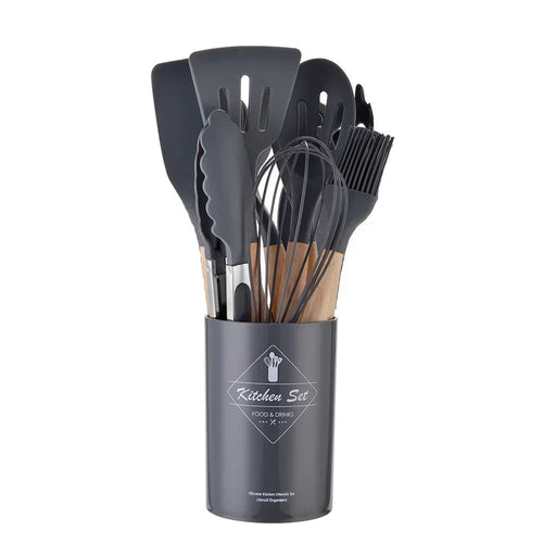 Silicone Cooking Utensils Set - 12 Pieces with Wooden Handles