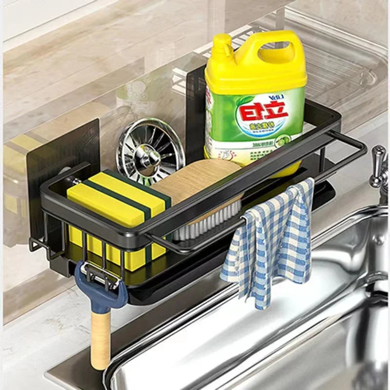 Self-Emptying Sink Shelf in Aluminum – No Drilling Kitchen Organizer
