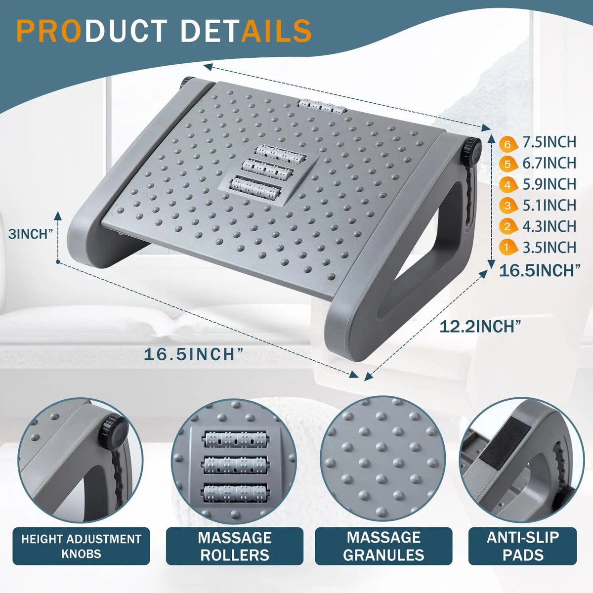 Under Desk Footrest with Massage Rollers – 6 Adjustable Heights & Tilted Design