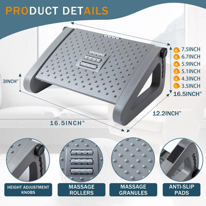 Under Desk Footrest with Massage Rollers – 6 Adjustable Heights & Tilted Design
