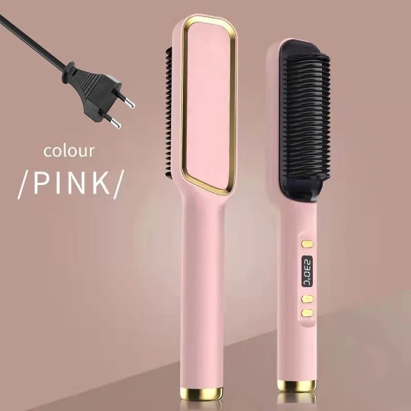 Hair Straightening Brush with LED Temperature Display & Anti-Scald Protection | 360° Rotating Cable