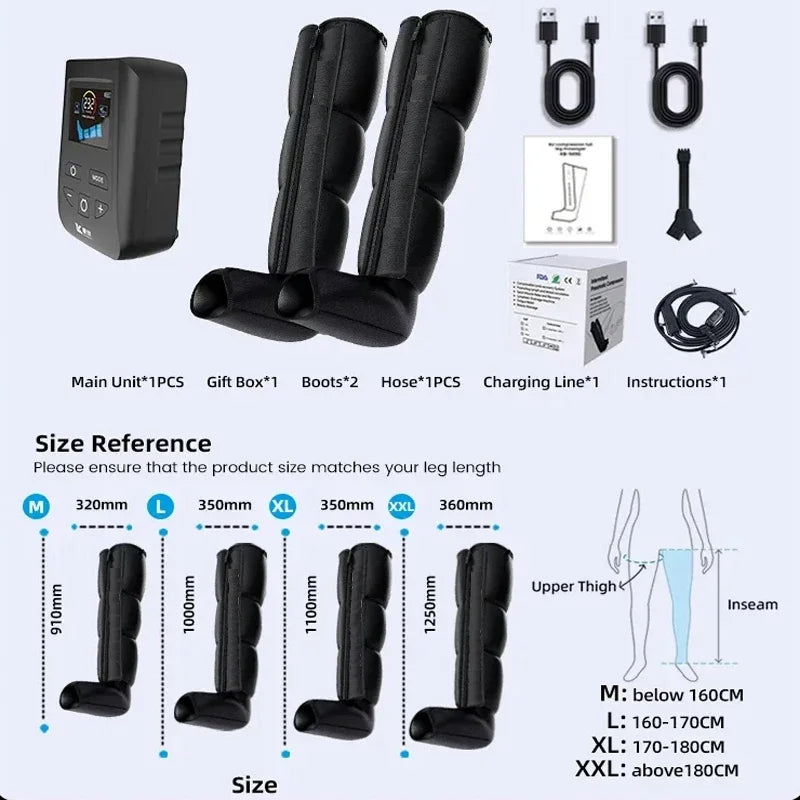 Leg Massager Boots with Air Compression – 4 Chambers, 30–240 mmHg, 5 Levels & LCD Timer