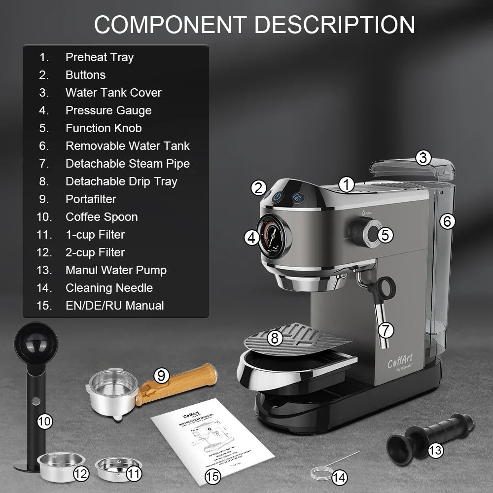 Espresso Maker with 20 Bars Pressure, Steam Frother, 1.1L Tank