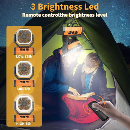 Portable 20000mAh Rechargeable Fan with LED Light & Hook for Outdoor Use