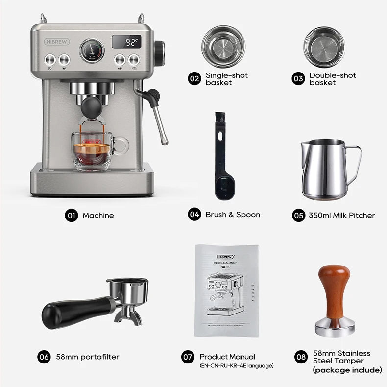 Espresso Maker with 20-Bar Pump, PID Control, 58mm Portafilter, Steam Wand
