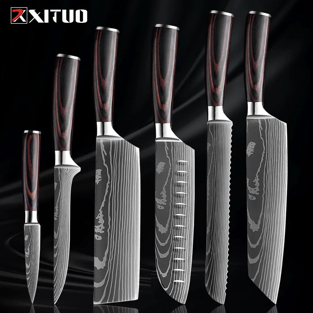 Kitchen Knife Collection - 1-9 Pieces Stainless Steel Chef, Santoku & Fruit Knives with Ergonomic Pakkawood Grip