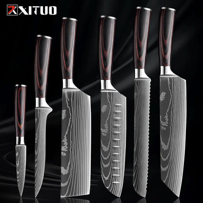 Kitchen Knife Collection - 1-9 Pieces Stainless Steel Chef, Santoku & Fruit Knives with Ergonomic Pakkawood Grip