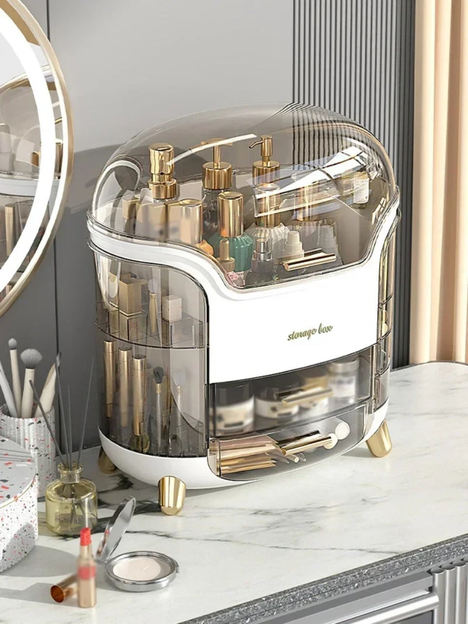 Transparent Makeup Storage Organizer with Sliding Doors and Drawers
