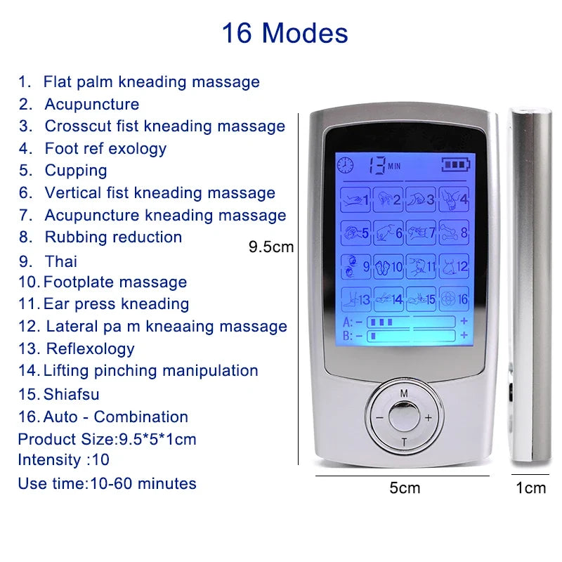 Rechargeable Muscle Stimulator with Dual-Channel TENS & EMS – 16 Modes, 10 Intensities