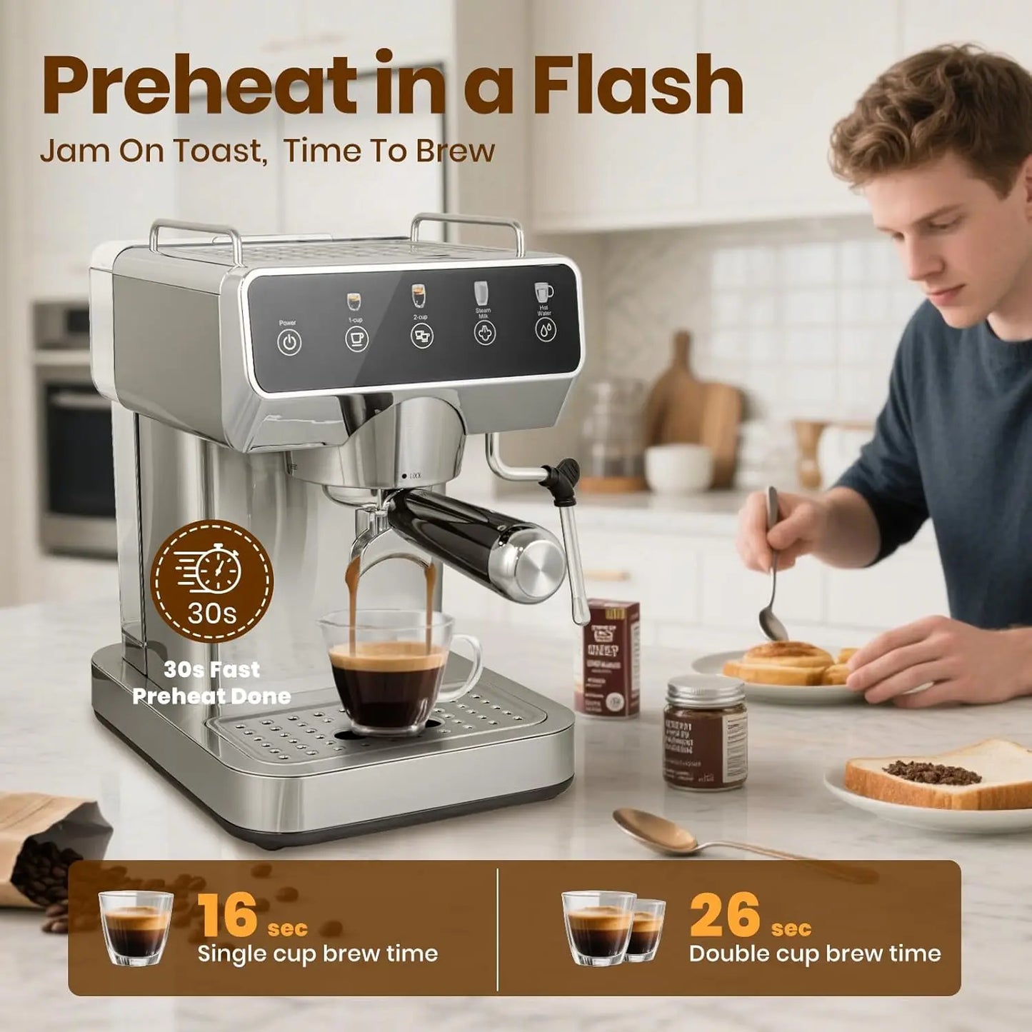 Touch Screen Espresso Maker with 20 Bars – Quick 13s Heating, Milk Frother, Stainless Steel