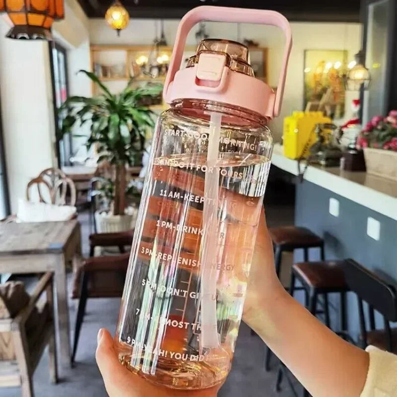 2L BPA-Free Water Bottle with Time Markers & Straw – 68oz Leakproof Hydration Tracker for Gym, Office, Travel