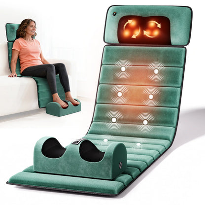 Heat-Enhanced Full Body Massage Mat – 10 Vibration Motors, 9 Settings, Removable Neck Pillow & Foot Massager